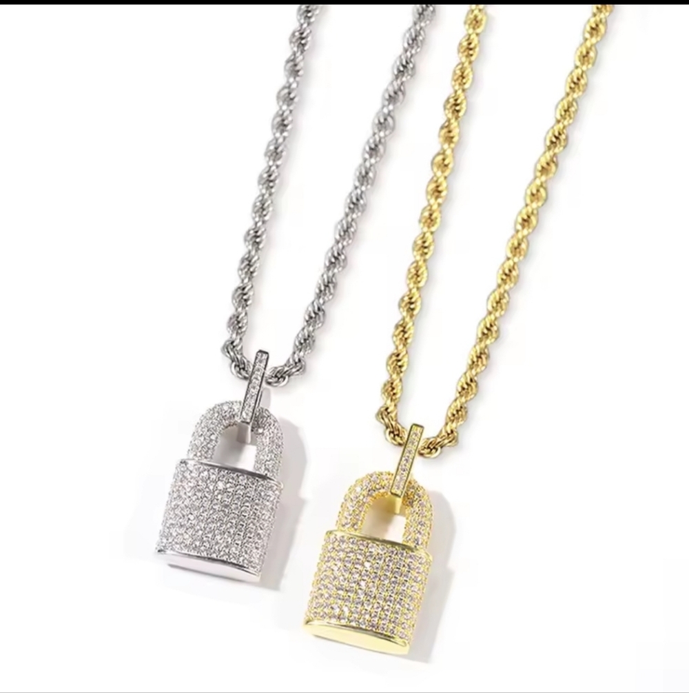 Lock Full Bling Bling CZ Statement Pendant Necklace Male Female  Gold Or  Silver